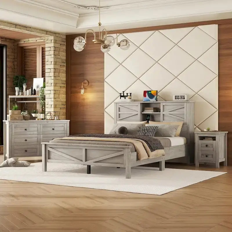 Ensembles de chambre à coucher 3 pièces Lit plateforme queen size avec table de chevet et commode de rangement