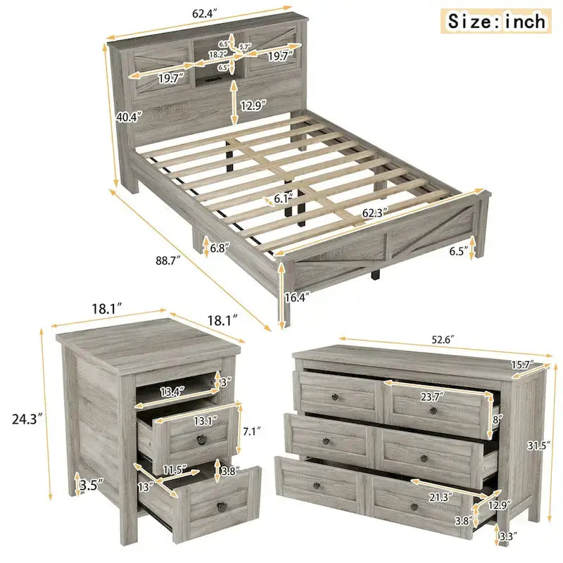 Ensembles de chambre à coucher 3 pièces Lit plateforme queen size avec table de chevet et commode de rangement