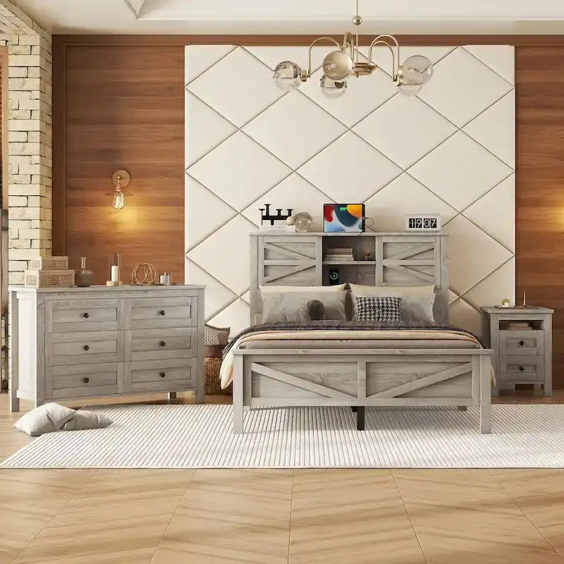 Ensembles de chambre à coucher 3 pièces Lit plateforme queen size avec table de chevet et commode de rangement