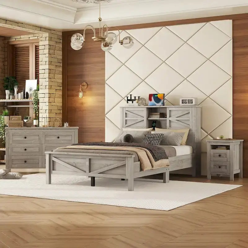 Ensembles de chambre à coucher 3 pièces Lit plateforme queen size avec table de chevet et commode de rangement