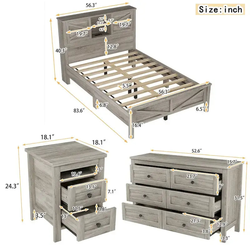 Ensembles de chambre à coucher 3 pièces Lit plateforme queen size avec table de chevet et commode de rangement