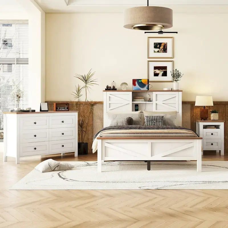 Ensembles de chambre à coucher 3 pièces Lit plateforme queen size avec table de chevet et commode de rangement