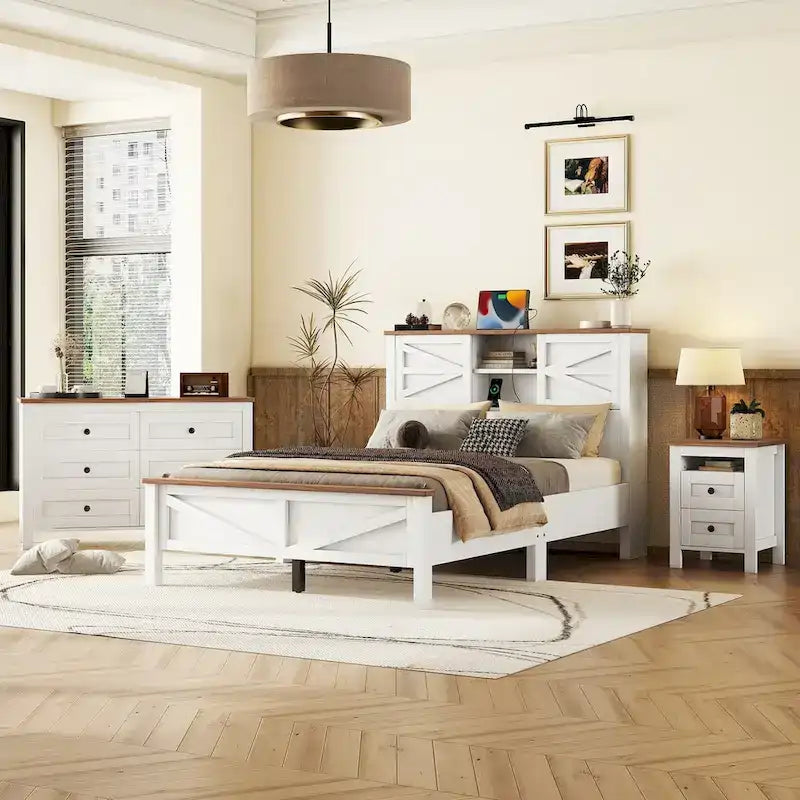 Ensembles de chambre à coucher 3 pièces Lit plateforme queen size avec table de chevet et commode de rangement