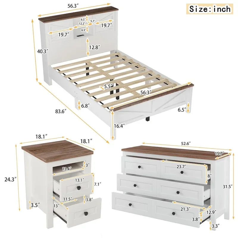 Ensembles de chambre à coucher 3 pièces Lit plateforme queen size avec table de chevet et commode de rangement