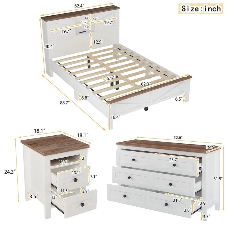 Ensembles de chambre à coucher 3 pièces Lit plateforme queen size avec table de chevet et commode de rangement