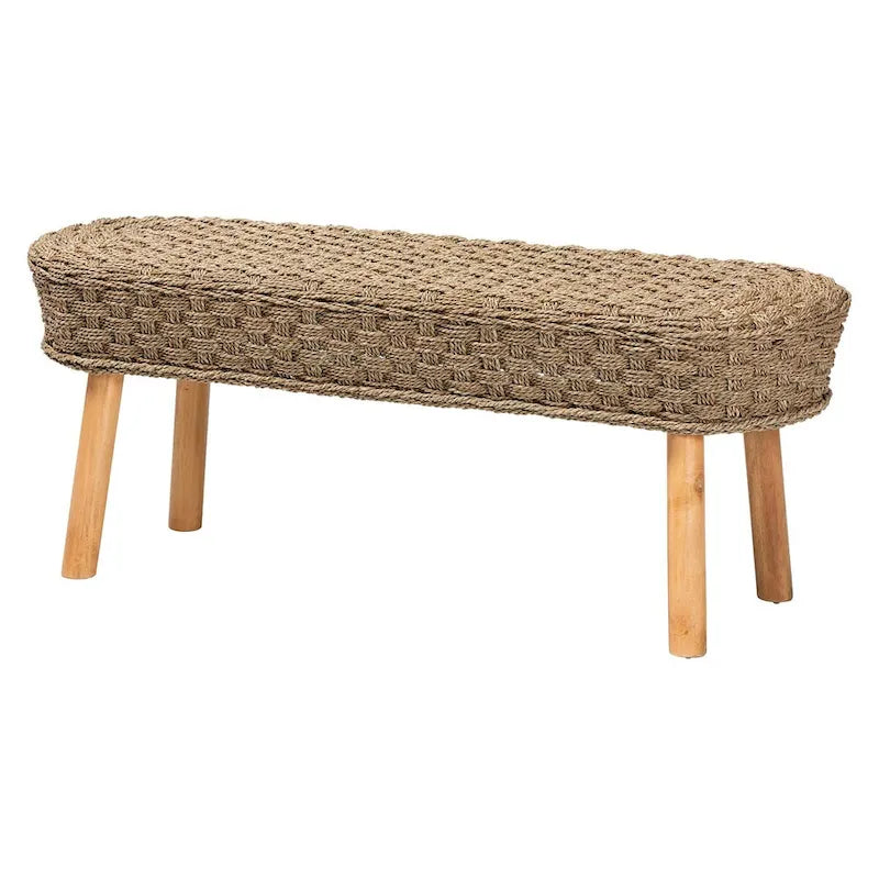 Banc décoratif moderne de style bohème en herbe de mer naturelle et bois d'acacia