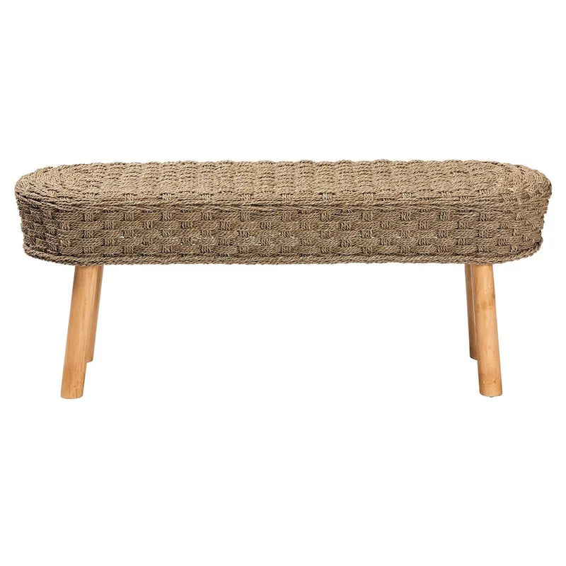 Banc décoratif moderne de style bohème en herbe de mer naturelle et bois d'acacia