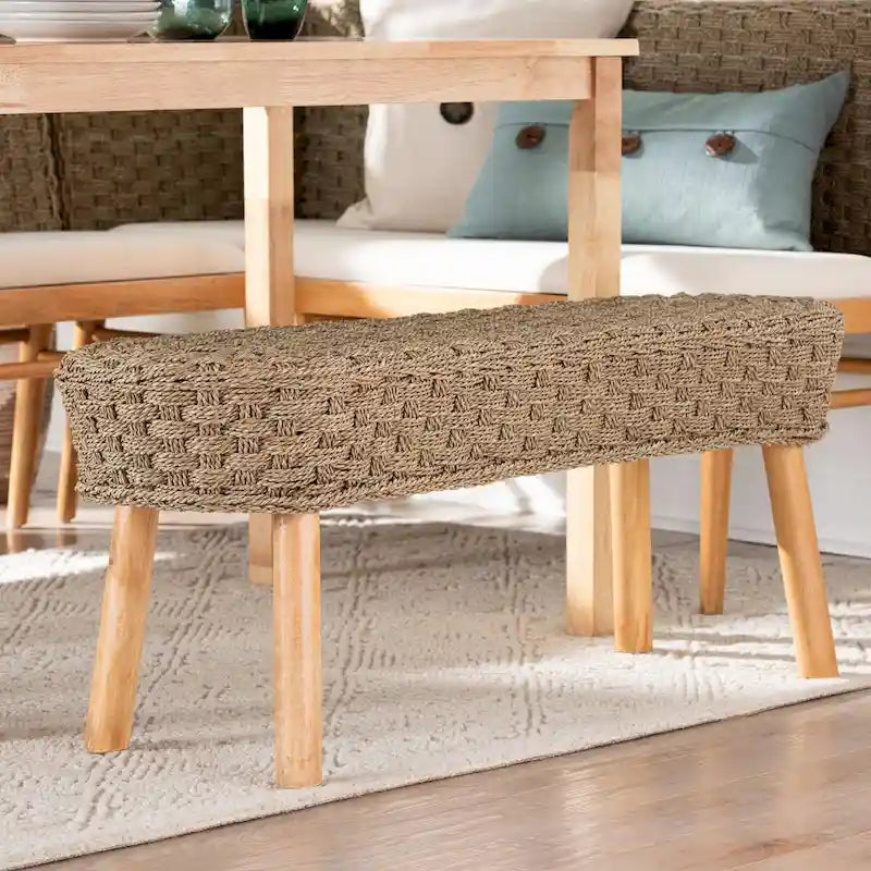 Banc décoratif moderne de style bohème en herbe de mer naturelle et bois d'acacia