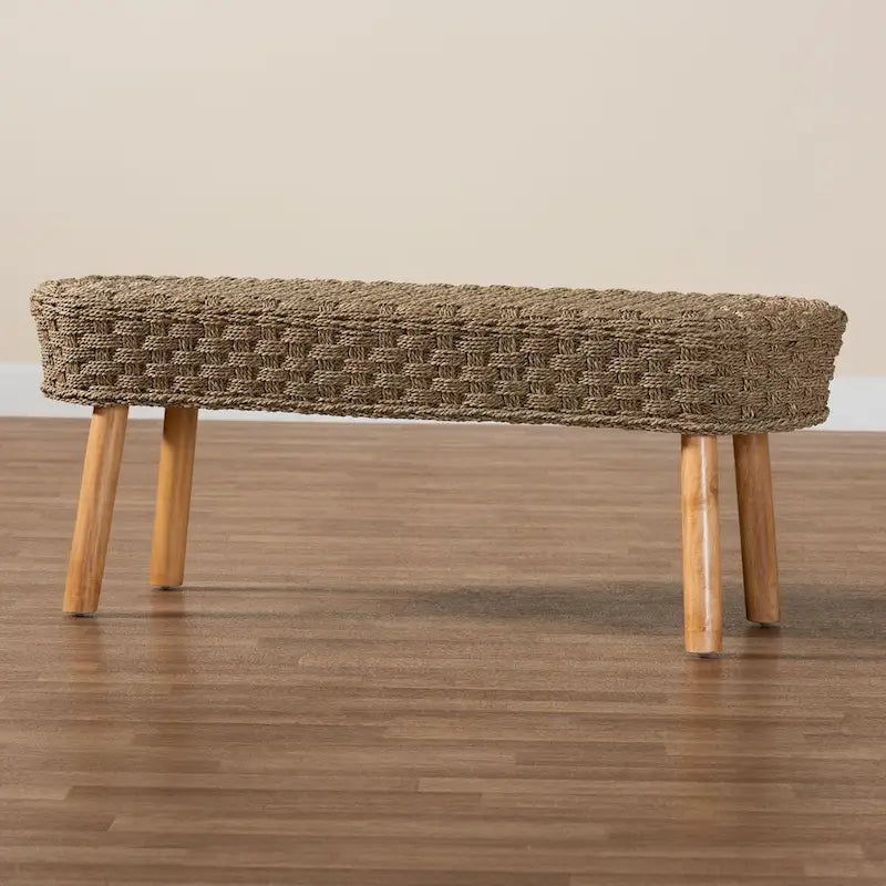 Banc décoratif moderne de style bohème en herbe de mer naturelle et bois d'acacia