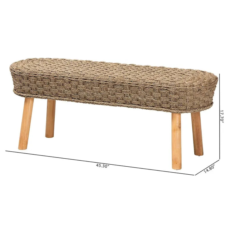 Banc décoratif moderne de style bohème en herbe de mer naturelle et bois d'acacia