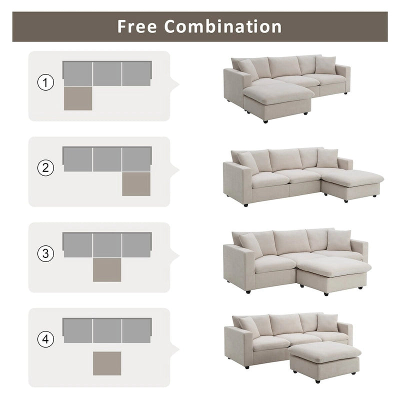 Canapé d'angle moderne en L, 2 coussins offerts, ensemble de canapé 4 places en tissu polyester, pouf, beige