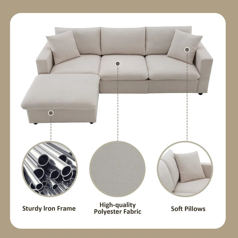 Canapé d'angle moderne en L, 2 coussins offerts, ensemble de canapé 4 places en tissu polyester, pouf, beige