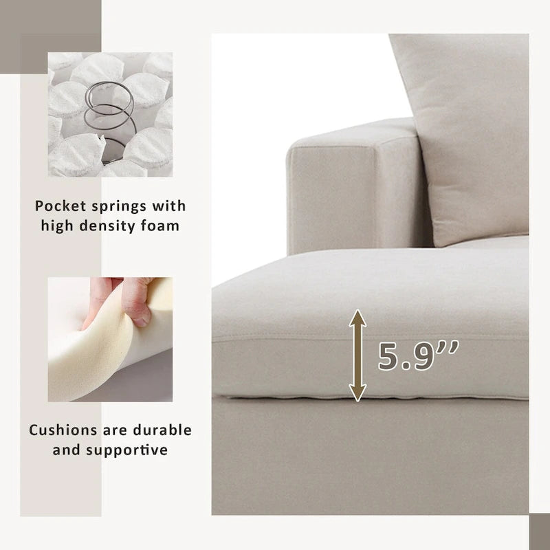 Canapé d'angle moderne en L, 2 coussins offerts, ensemble de canapé 4 places en tissu polyester, pouf, beige