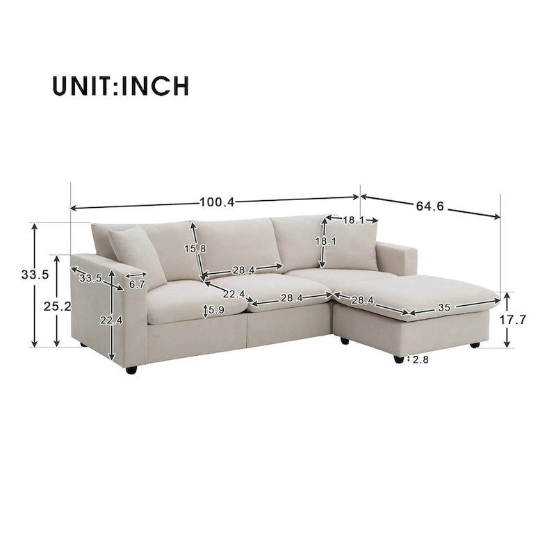Canapé d'angle moderne en L, 2 coussins offerts, ensemble de canapé 4 places en tissu polyester, pouf, beige