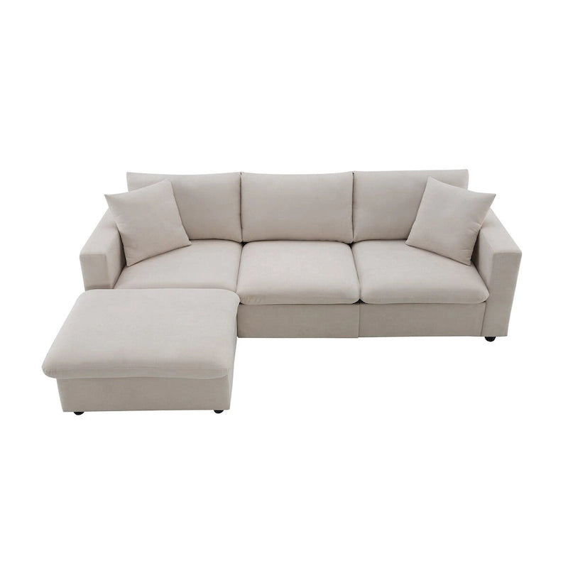 Canapé d'angle moderne en L, 2 coussins offerts, ensemble de canapé 4 places en tissu polyester, pouf, beige
