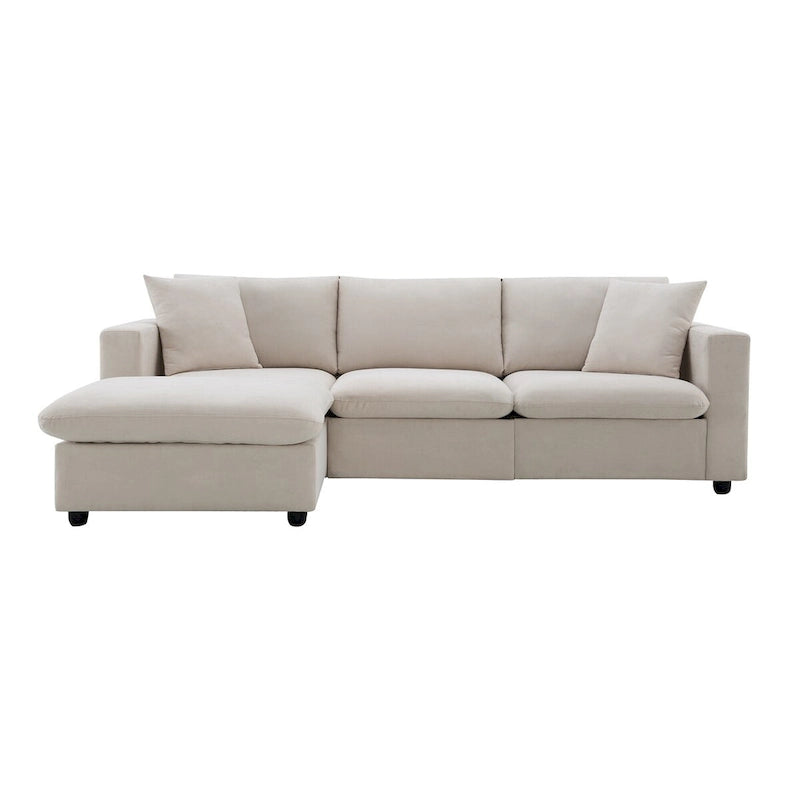 Canapé d'angle moderne en L, 2 coussins offerts, ensemble de canapé 4 places en tissu polyester, pouf, beige