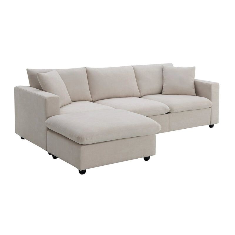 Canapé d'angle moderne en L, 2 coussins offerts, ensemble de canapé 4 places en tissu polyester, pouf, beige