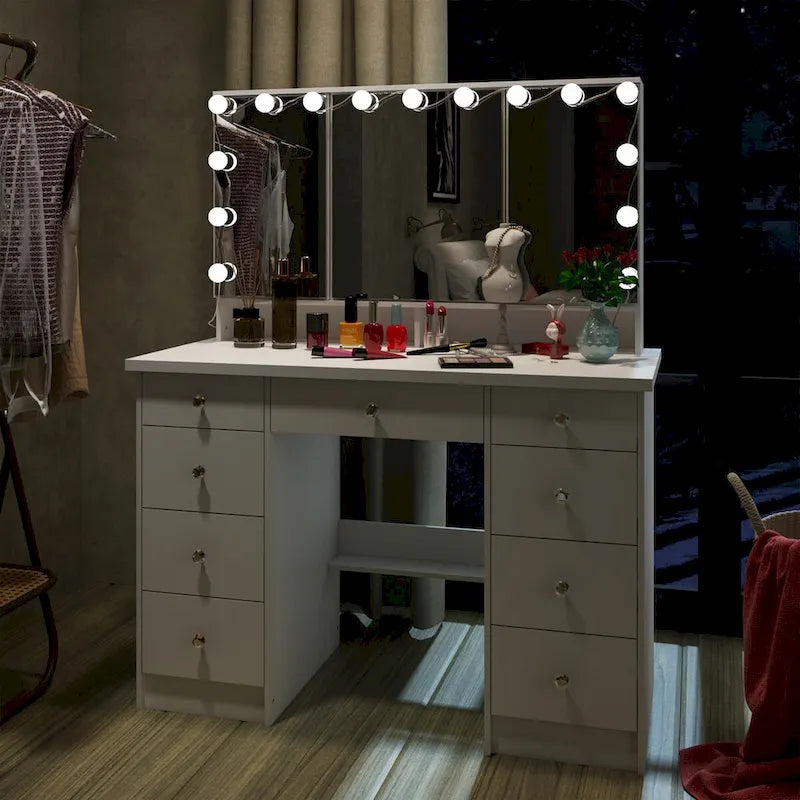 Coiffeuse 3 miroirs élégante avec 9 tiroirs de rangement
