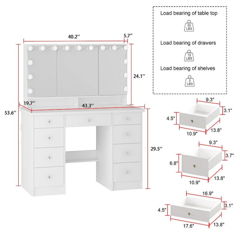 Coiffeuse 3 miroirs élégante avec 9 tiroirs de rangement