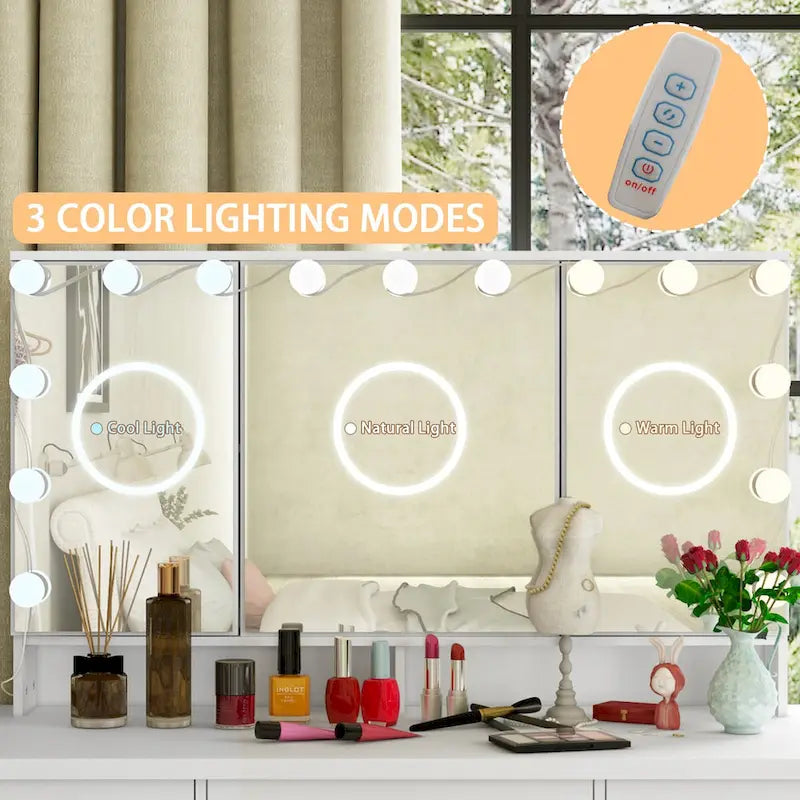Coiffeuse 3 miroirs élégante avec 9 tiroirs de rangement