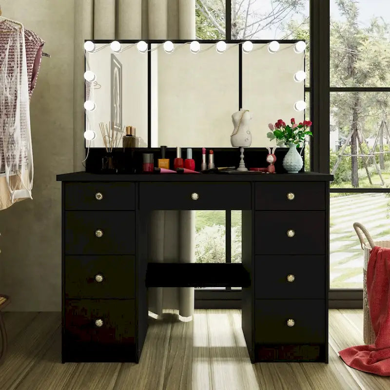 Coiffeuse 3 miroirs élégante avec 9 tiroirs de rangement