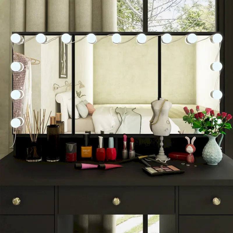 Coiffeuse 3 miroirs élégante avec 9 tiroirs de rangement