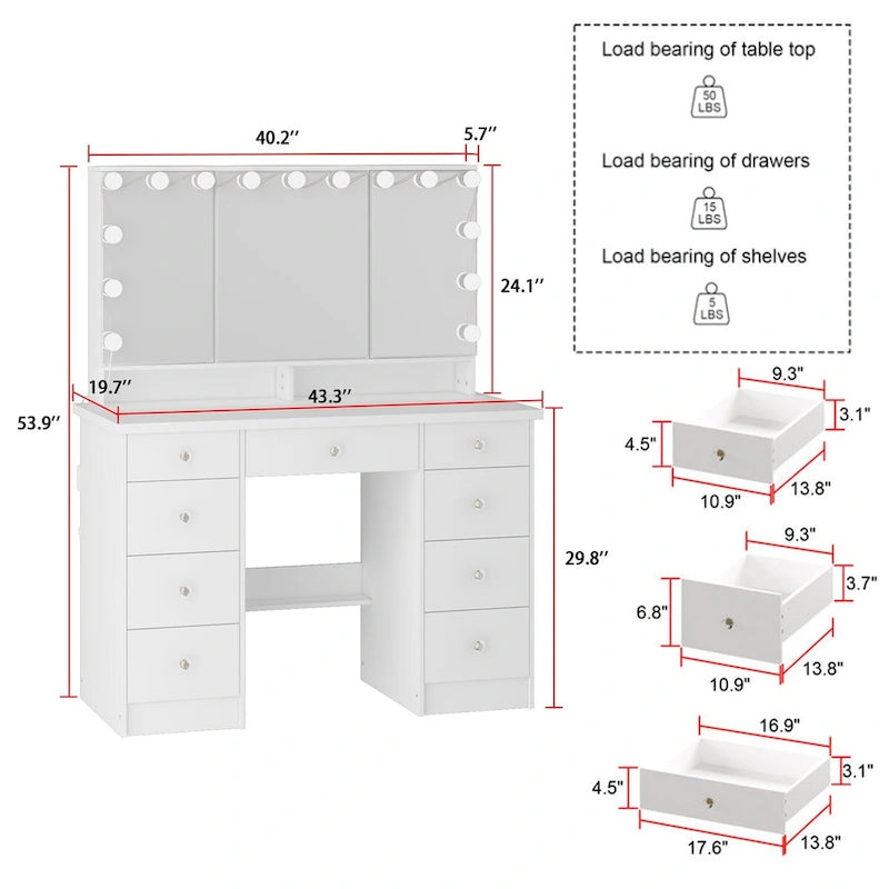 Coiffeuse 3 miroirs élégante avec 9 tiroirs de rangement