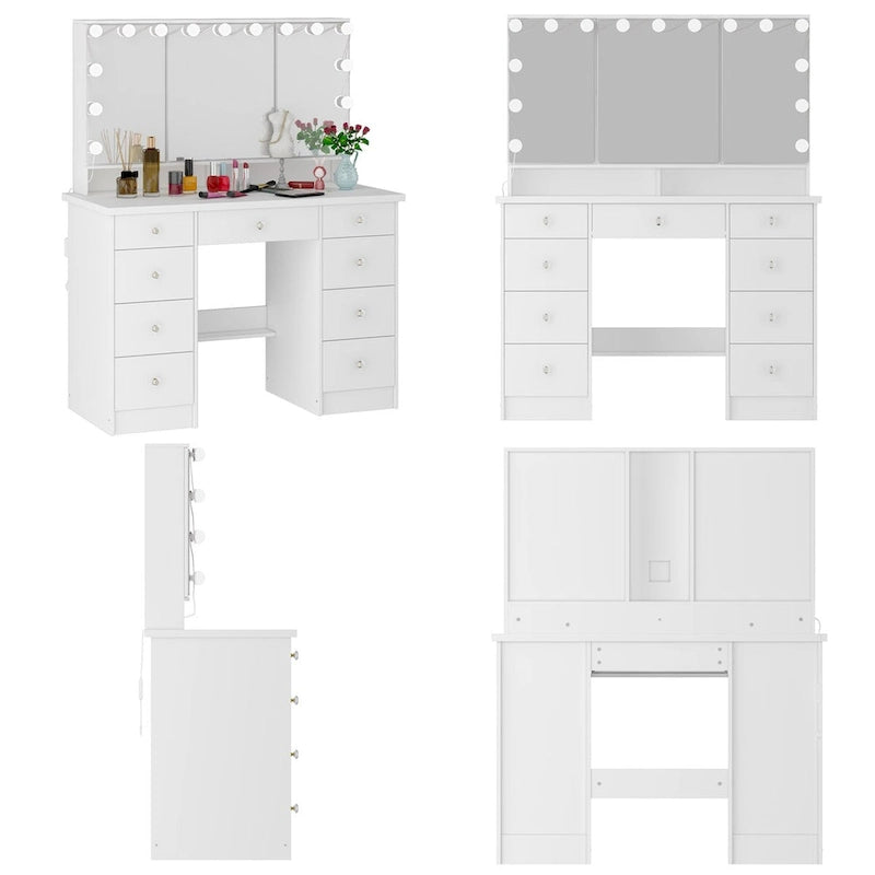 Coiffeuse 3 miroirs élégante avec 9 tiroirs de rangement