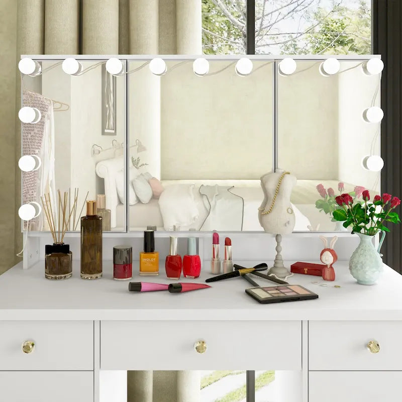 Coiffeuse 3 miroirs élégante avec 9 tiroirs de rangement