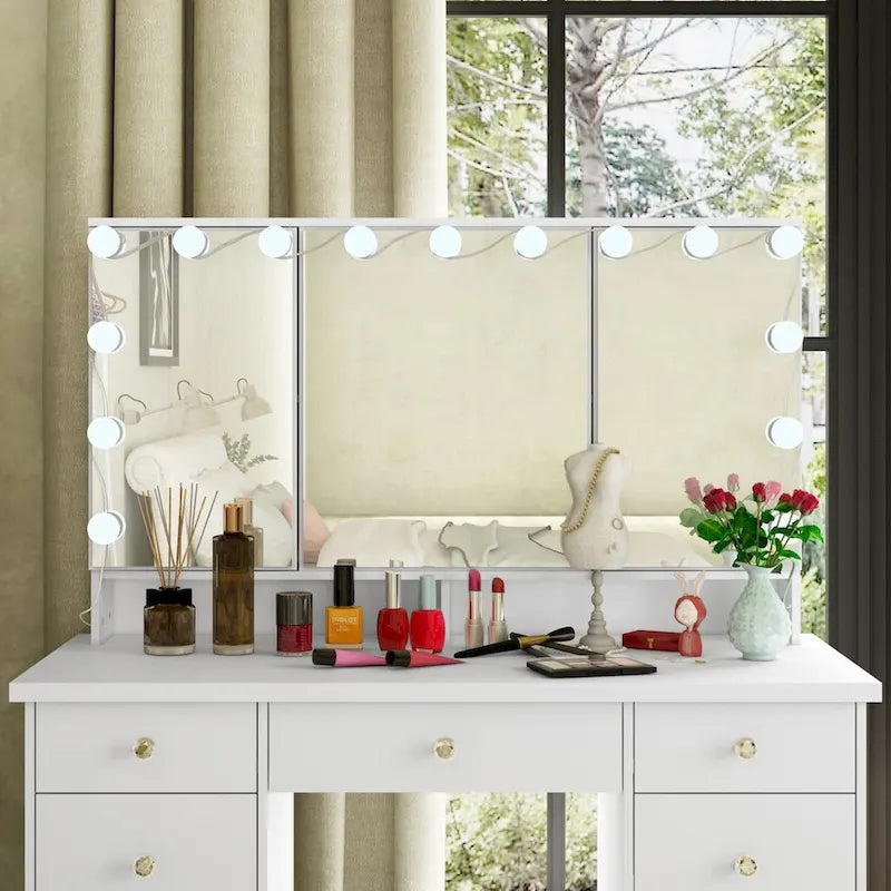 Coiffeuse 3 miroirs élégante avec 9 tiroirs de rangement