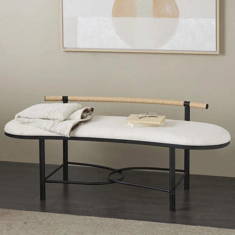 Banc d'intérieur ovale capitonné de style abstrait en métal — Avec cadre en métal noir et dossier en corde — Blanc