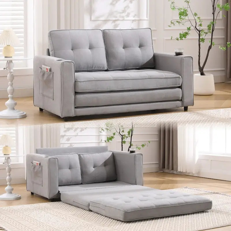 Canapé-lit rembourré de style japonais — Fonction couchage gigogne, Plusieurs options de couleurs disponibles, Canapé deux places capitonné pliable, Porte-gobelets intégrés
