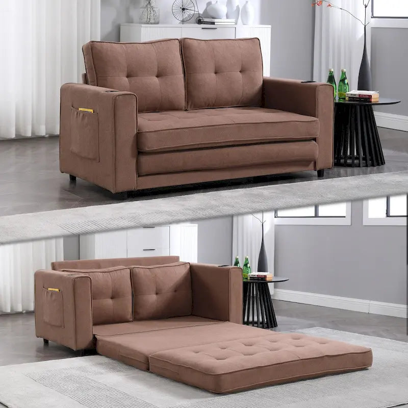 Canapé-lit rembourré de style japonais — Fonction couchage gigogne, Plusieurs options de couleurs disponibles, Canapé deux places capitonné pliable, Porte-gobelets intégrés