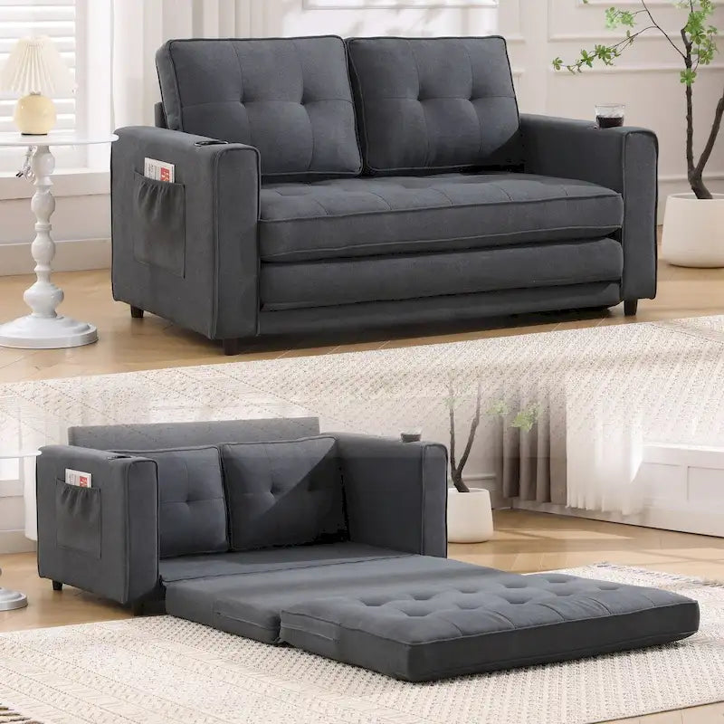 Canapé-lit rembourré de style japonais — Fonction couchage gigogne, Plusieurs options de couleurs disponibles, Canapé deux places capitonné pliable, Porte-gobelets intégrés