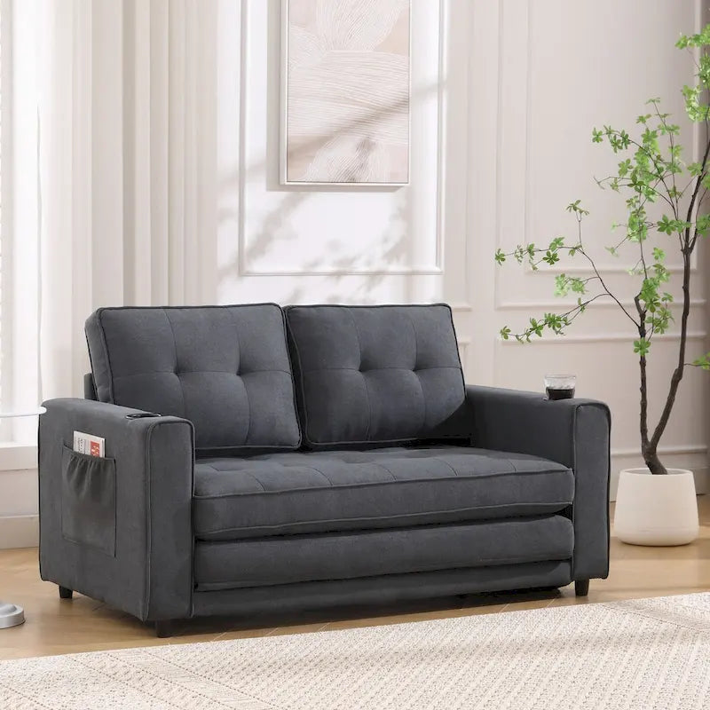 Canapé-lit rembourré de style japonais — Fonction couchage gigogne, Plusieurs options de couleurs disponibles, Canapé deux places capitonné pliable, Porte-gobelets intégrés