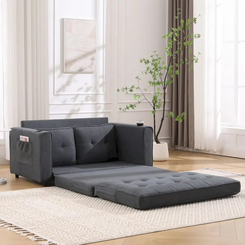 Canapé-lit rembourré de style japonais — Fonction couchage gigogne, Plusieurs options de couleurs disponibles, Canapé deux places capitonné pliable, Porte-gobelets intégrés