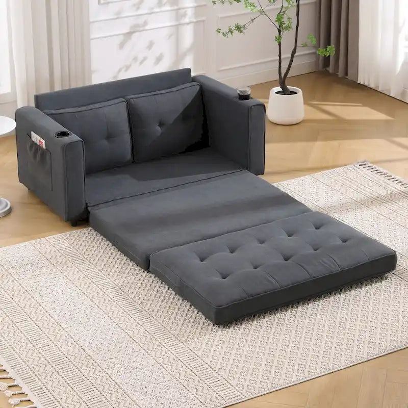 Canapé-lit rembourré de style japonais — Fonction couchage gigogne, Plusieurs options de couleurs disponibles, Canapé deux places capitonné pliable, Porte-gobelets intégrés