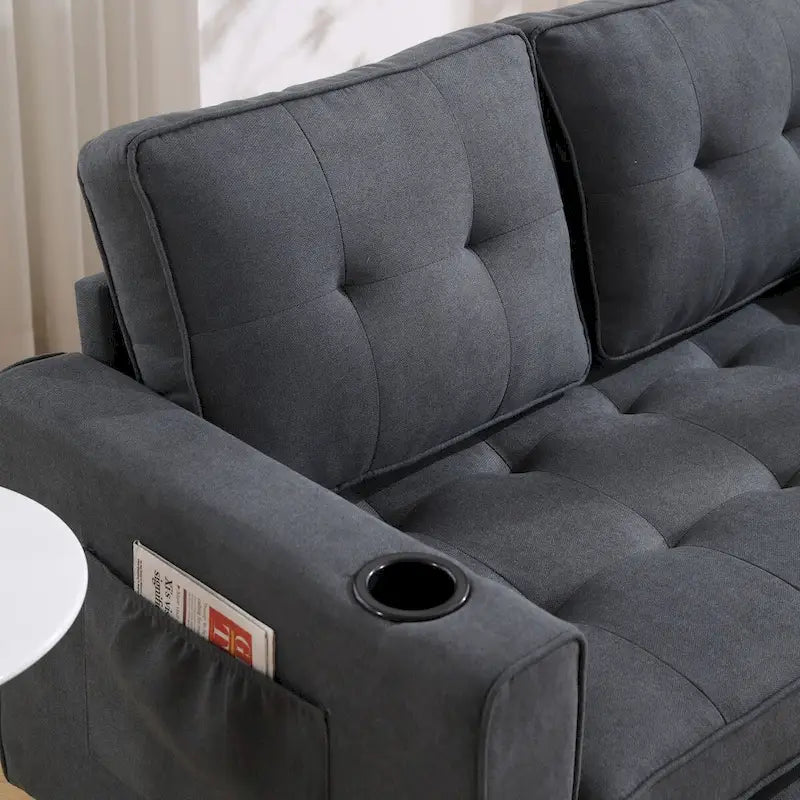 Canapé-lit rembourré de style japonais — Fonction couchage gigogne, Plusieurs options de couleurs disponibles, Canapé deux places capitonné pliable, Porte-gobelets intégrés