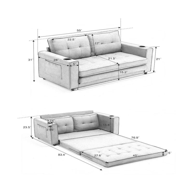 Canapé-lit rembourré de style japonais — Fonction couchage gigogne, Plusieurs options de couleurs disponibles, Canapé deux places capitonné pliable, Porte-gobelets intégrés