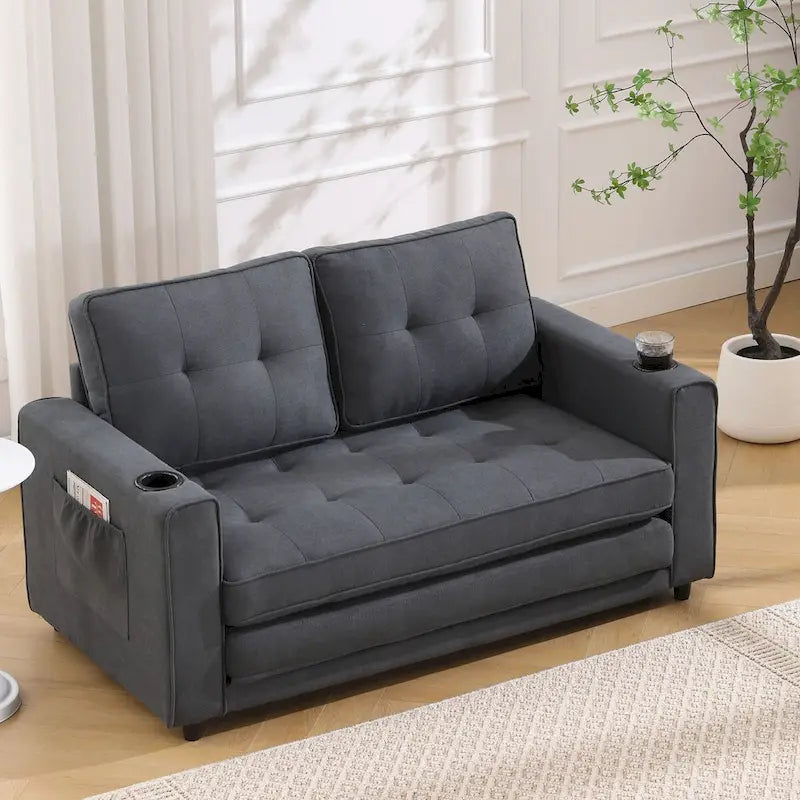 Canapé-lit rembourré de style japonais — Fonction couchage gigogne, Plusieurs options de couleurs disponibles, Canapé deux places capitonné pliable, Porte-gobelets intégrés