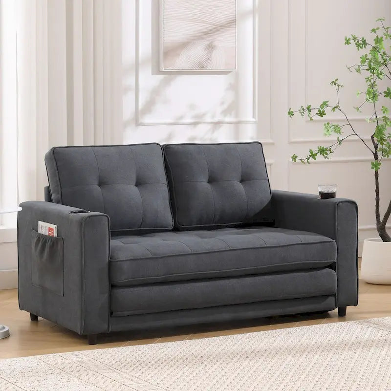 Canapé-lit rembourré de style japonais — Fonction couchage gigogne, Plusieurs options de couleurs disponibles, Canapé deux places capitonné pliable, Porte-gobelets intégrés
