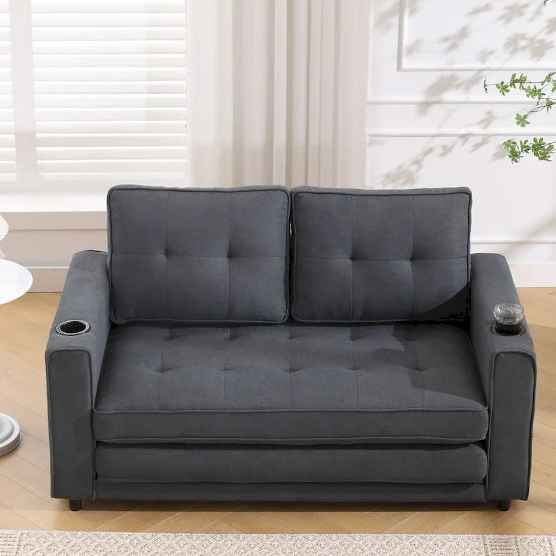 Canapé-lit rembourré de style japonais — Fonction couchage gigogne, Plusieurs options de couleurs disponibles, Canapé deux places capitonné pliable, Porte-gobelets intégrés
