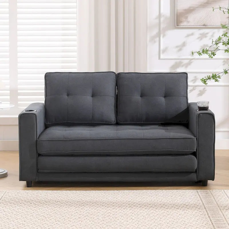 Canapé-lit rembourré de style japonais — Fonction couchage gigogne, Plusieurs options de couleurs disponibles, Canapé deux places capitonné pliable, Porte-gobelets intégrés