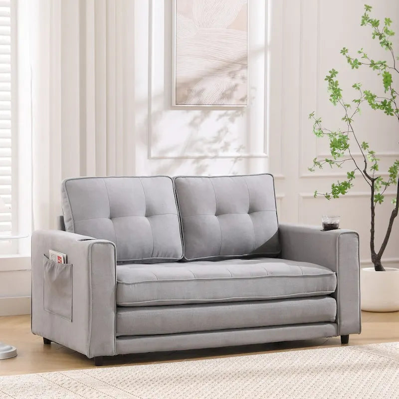 Canapé-lit rembourré de style japonais — Fonction couchage gigogne, Plusieurs options de couleurs disponibles, Canapé deux places capitonné pliable, Porte-gobelets intégrés