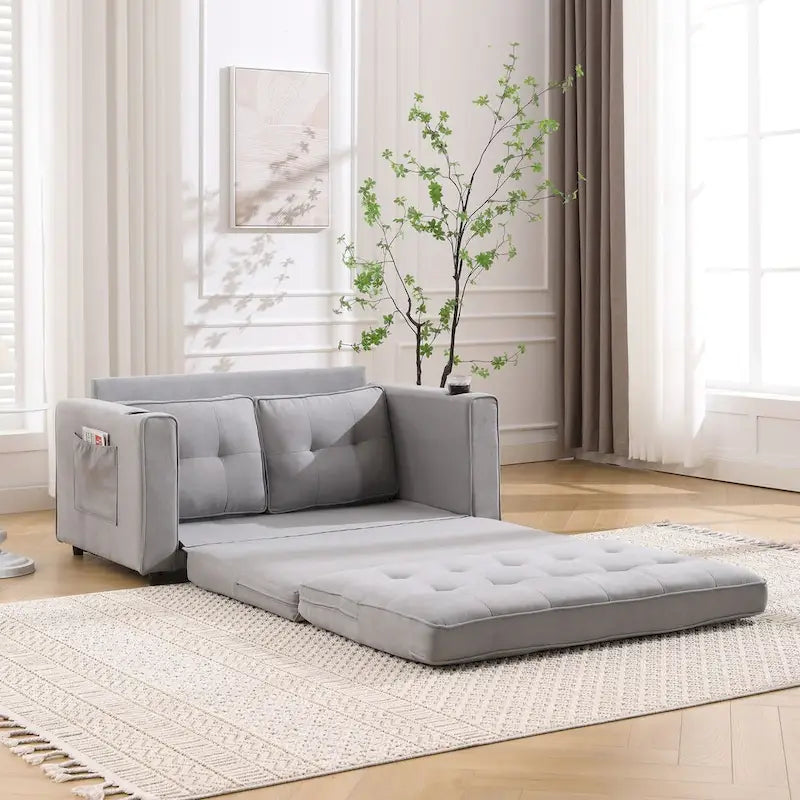 Canapé-lit rembourré de style japonais — Fonction couchage gigogne, Plusieurs options de couleurs disponibles, Canapé deux places capitonné pliable, Porte-gobelets intégrés