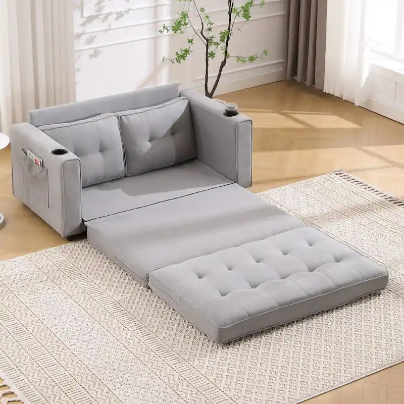 Canapé-lit rembourré de style japonais — Fonction couchage gigogne, Plusieurs options de couleurs disponibles, Canapé deux places capitonné pliable, Porte-gobelets intégrés