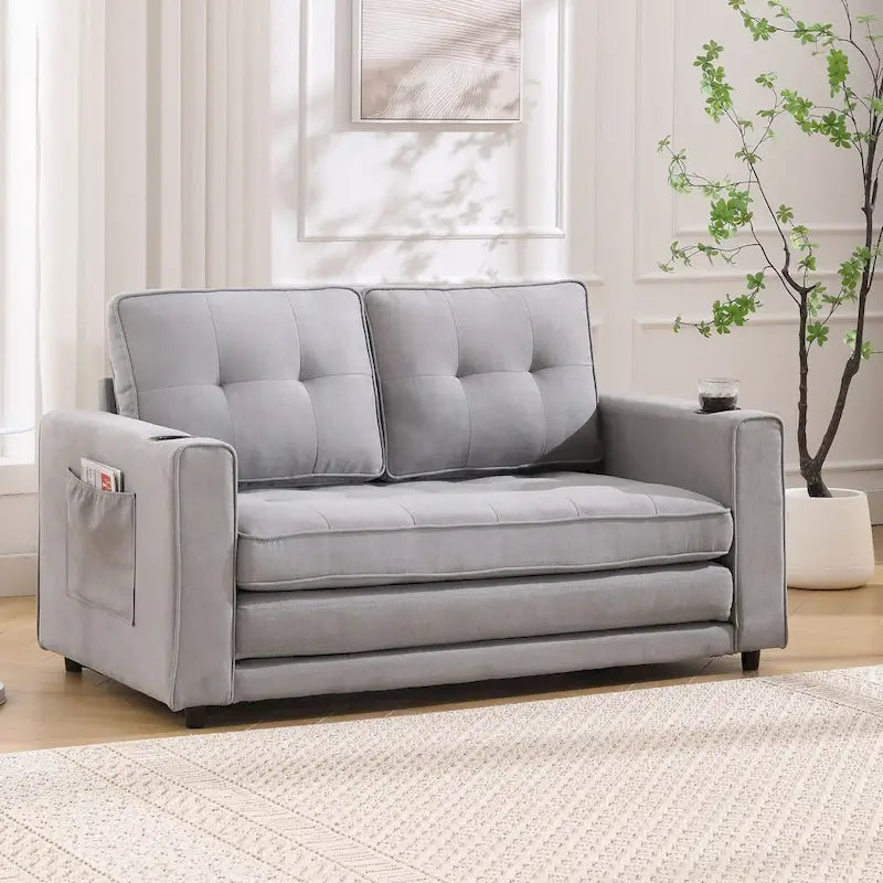 Canapé-lit rembourré de style japonais — Fonction couchage gigogne, Plusieurs options de couleurs disponibles, Canapé deux places capitonné pliable, Porte-gobelets intégrés