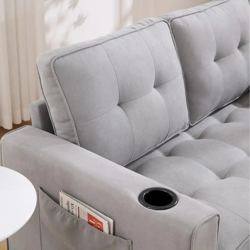 Canapé-lit rembourré de style japonais — Fonction couchage gigogne, Plusieurs options de couleurs disponibles, Canapé deux places capitonné pliable, Porte-gobelets intégrés