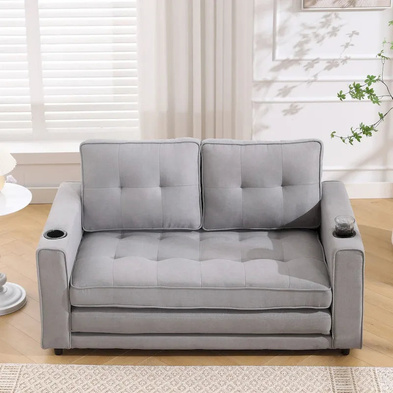Canapé-lit rembourré de style japonais — Fonction couchage gigogne, Plusieurs options de couleurs disponibles, Canapé deux places capitonné pliable, Porte-gobelets intégrés