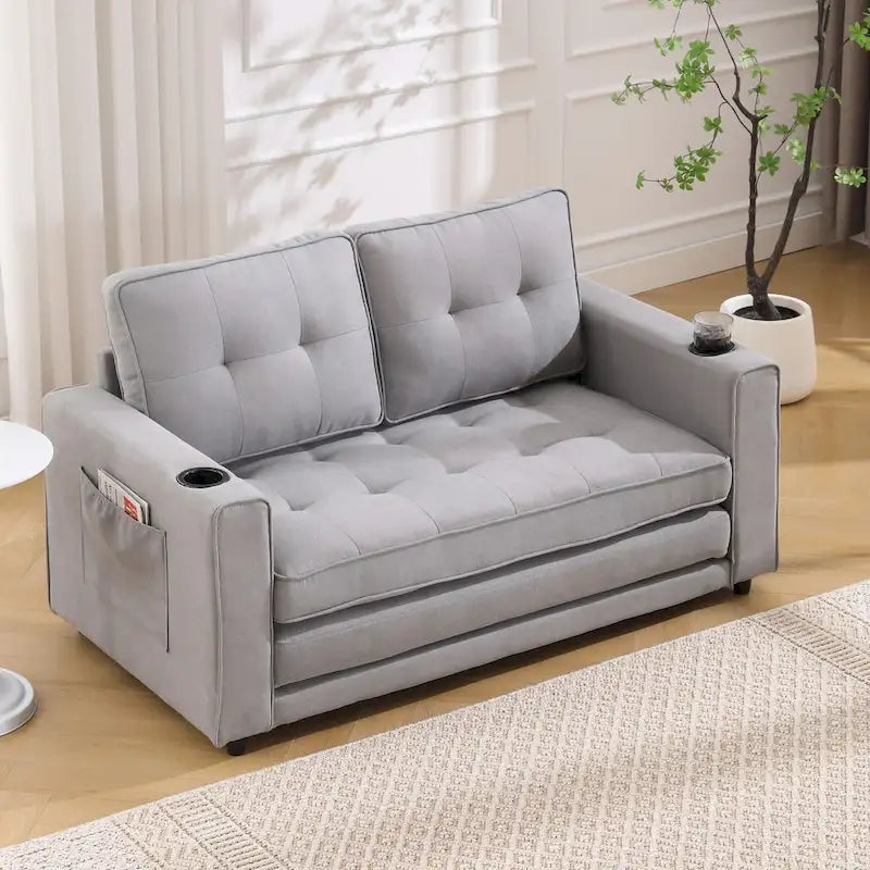 Canapé-lit rembourré de style japonais — Fonction couchage gigogne, Plusieurs options de couleurs disponibles, Canapé deux places capitonné pliable, Porte-gobelets intégrés